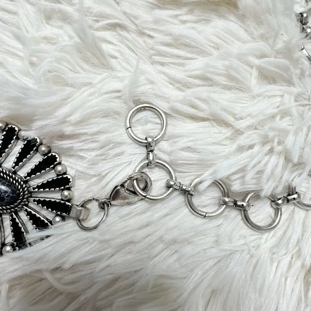 Western Concho Belt Black Stone Chain Belt Silver
